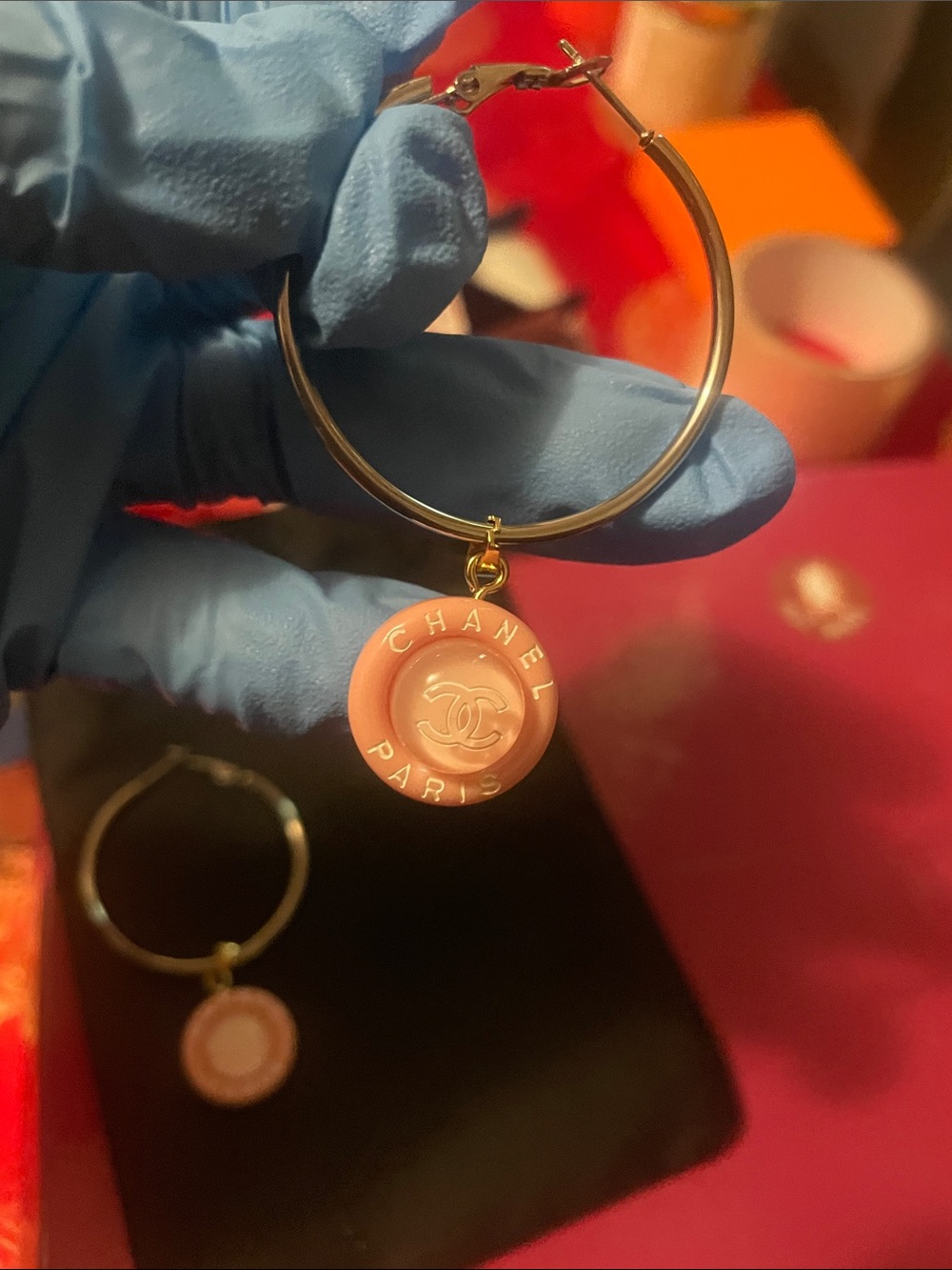 CHANEL upcycled Pink and Gold Hoop Earrings with Logo Disc - Picture 11 of 17
